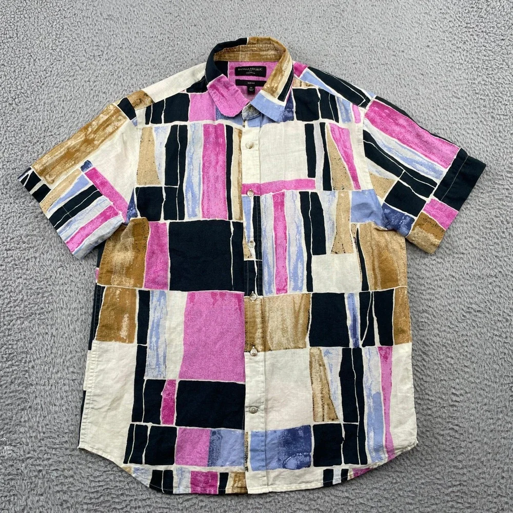 Banana Republic Shirt Mens Medium Multi Color Linen Blend Slim Abstract Print